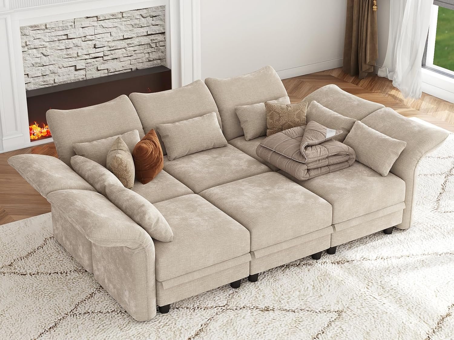 Chenille Modular Sectional Sofa Sleeper with Storage Ottoman