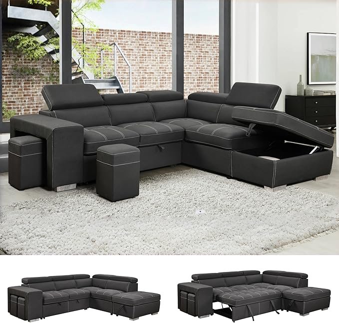 Microfiber L Shaped Sectional Sleeper Sofa Couch with Pull Out Bed