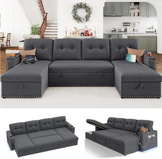 Pull Out Sleeper Sofa Couch w/Storage Chaise for Living Room